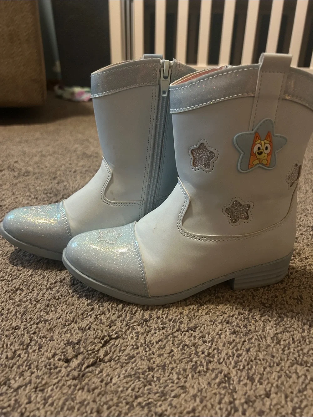 Girls Light Blue Glitter Star Boots with Character Accent